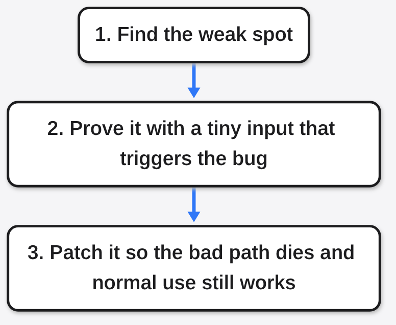 Gemini 4 Carbon explainer diagram: Find the weak spot, prove it with a tiny input, then patch it without breaking normal use