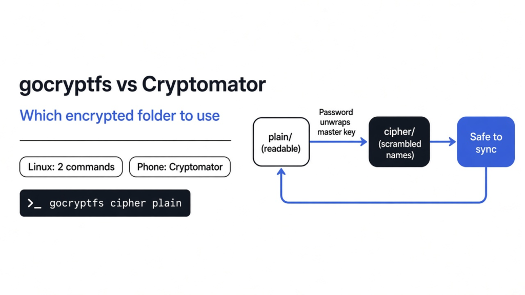 gocryptfs vs Cryptomator: an encrypted cipher folder on disk and the unlocked plain folder you actually open