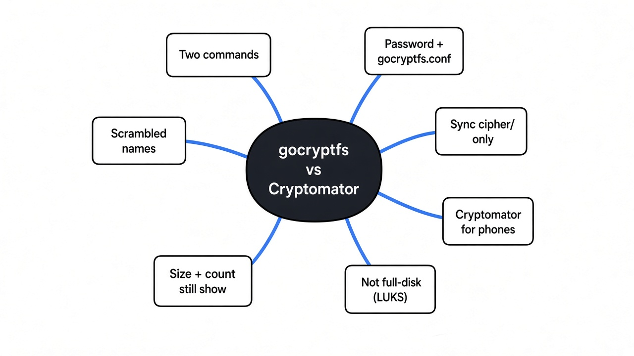 Mind map of gocryptfs vs Cryptomator: two commands, scrambled names, what still leaks, password plus gocryptfs.conf, cloud sync, when Cryptomator wins