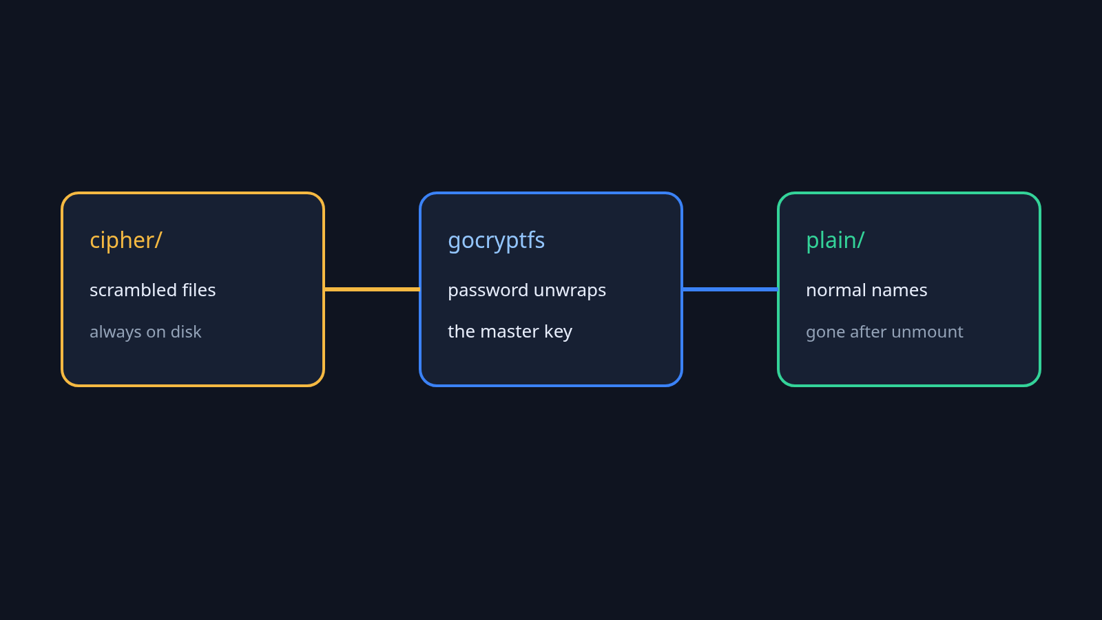 How gocryptfs mounts: cipher folder on disk, password unwraps the master key, plain folder with normal names until unmount