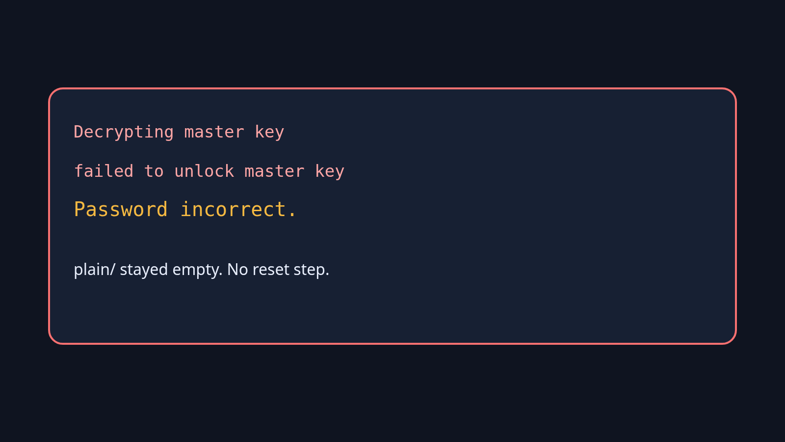 gocryptfs wrong password output: failed to unlock master key, Password incorrect, plain folder stays empty