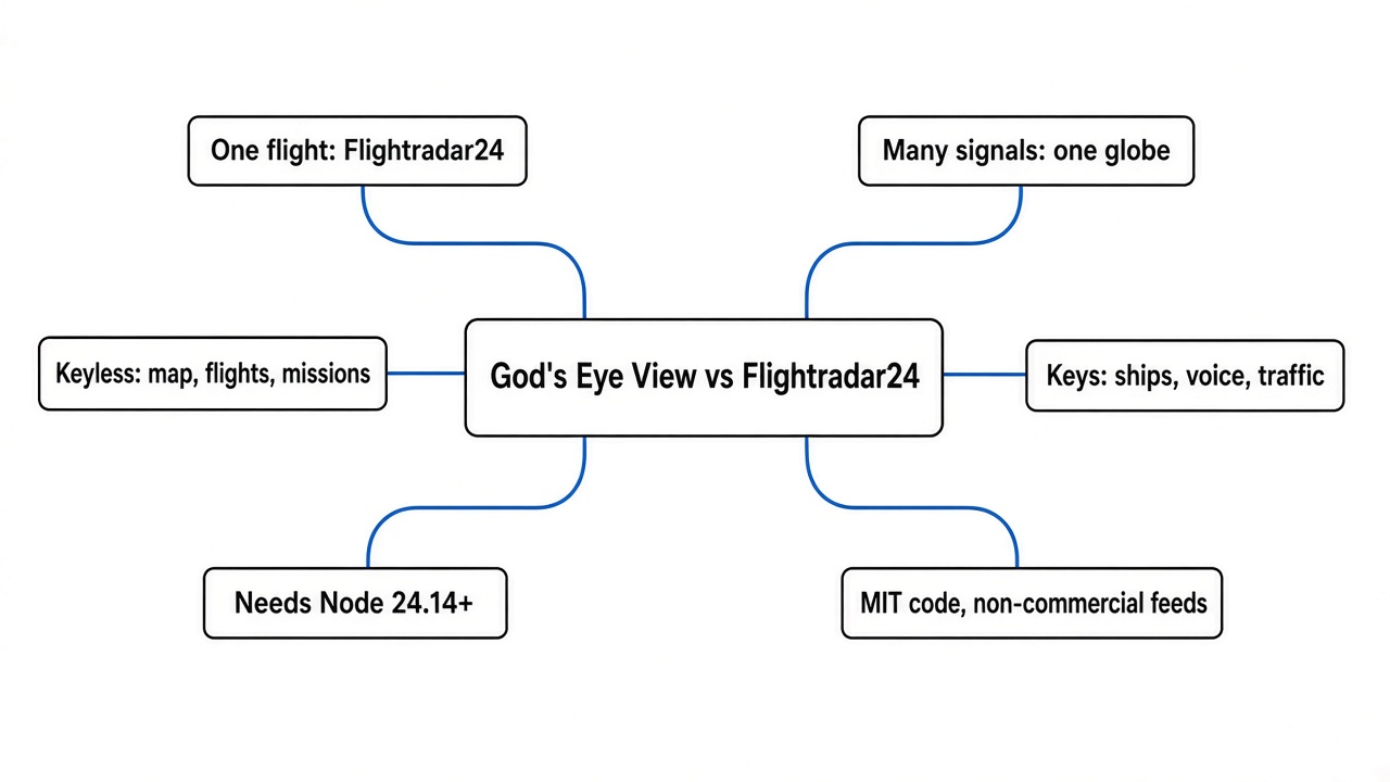 Simple mind map of God's Eye View vs Flightradar24: one flight, many signals, keyless layers, key-gated layers, Node 24.14, licenses
