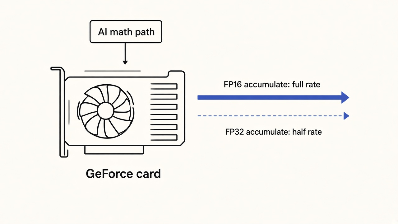 Nvidia GPU unlock explained: a GeForce card runs FP16 accumulate at full rate and FP32 accumulate at half rate