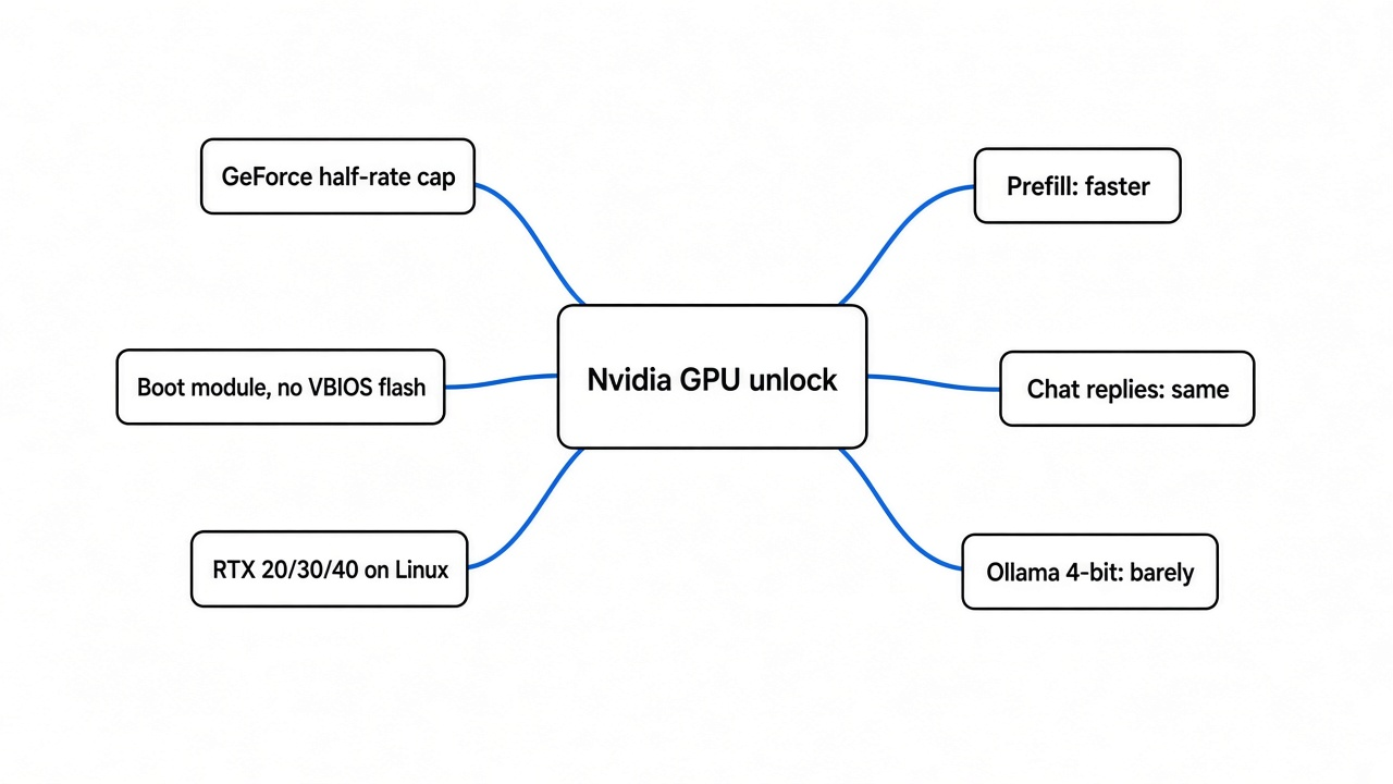 Mind map of the Nvidia GPU unlock: GeForce half-rate cap, boot module with no VBIOS flash, RTX 20/30/40 on Linux, prefill faster, chat replies same, Ollama 4-bit barely