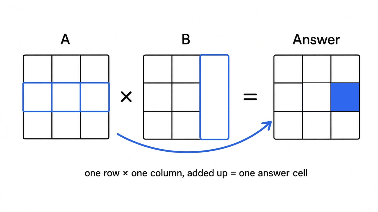Matrix multiplication: one row times one column, added up, gives one answer cell