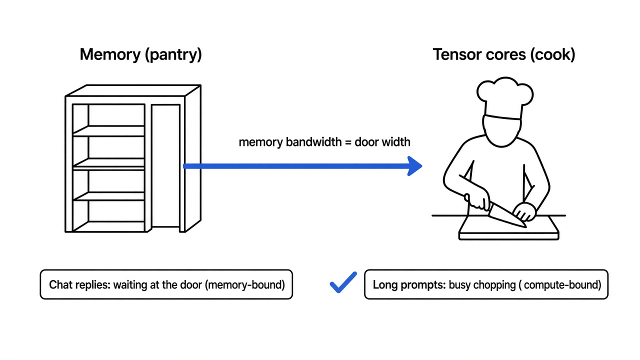 Fast cook and slow pantry door: memory bandwidth limits chat replies, tensor core speed limits long prompts