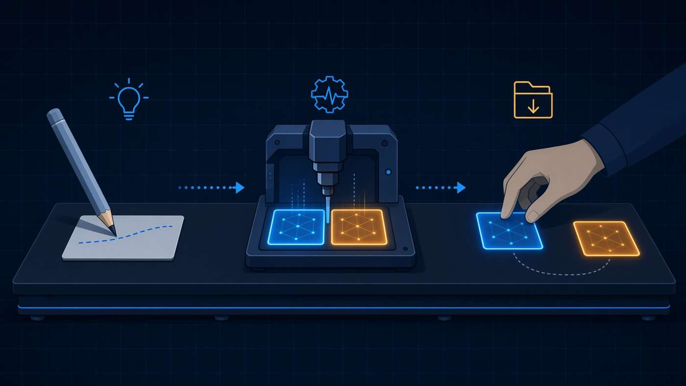 The harness2 loop in three steps: propose an edit, probe it with real runs, keep the winning version
