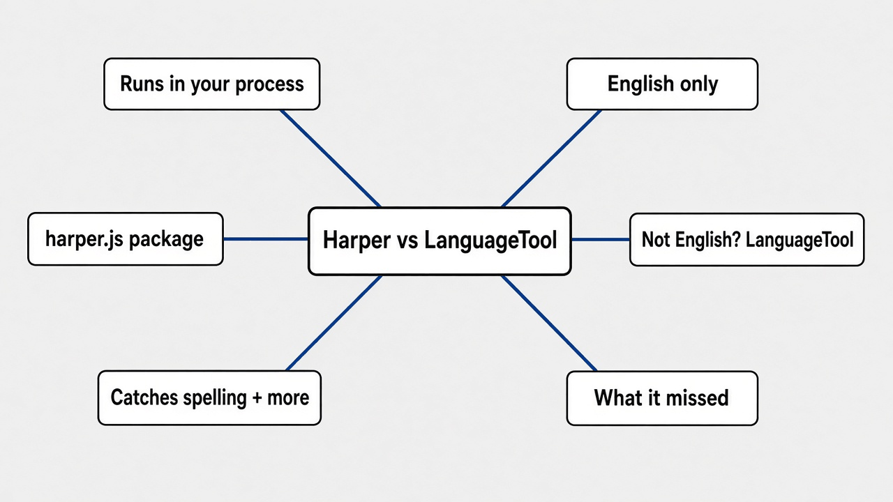 Mind map of Harper vs LanguageTool: runs in your process, English only, harper.js, catches spelling and some grammar, misses, LanguageTool for other languages