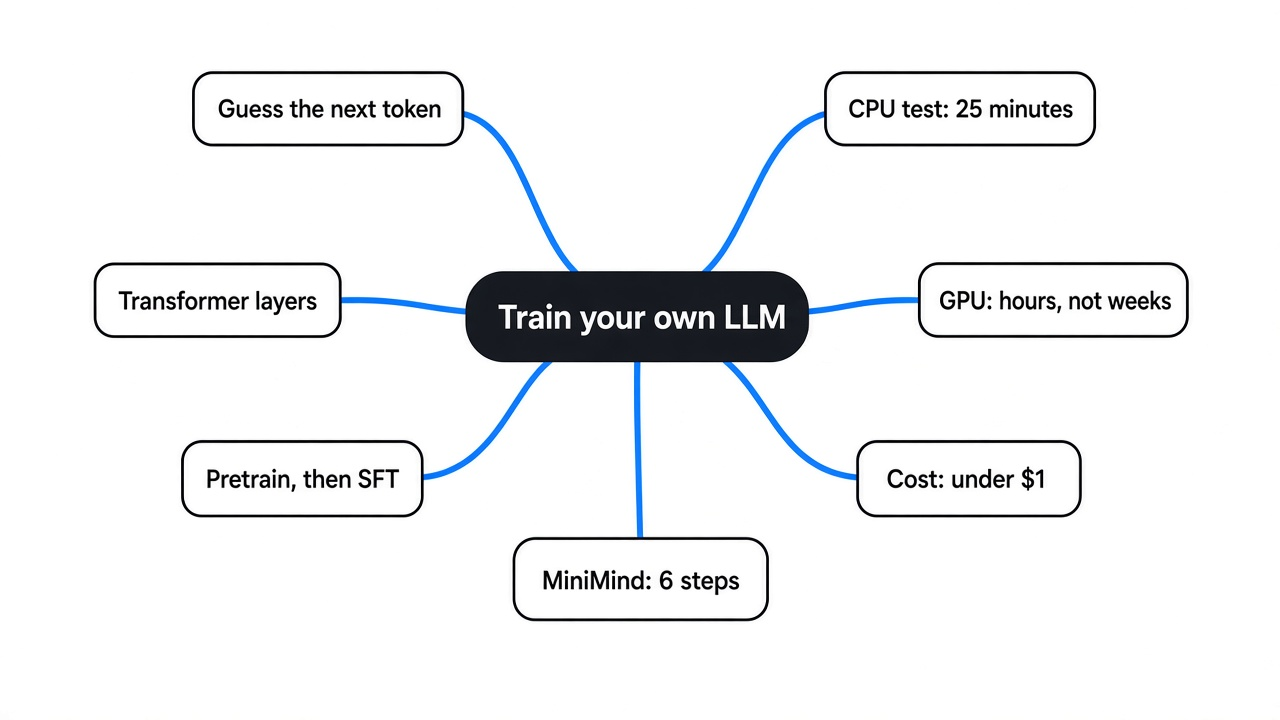 Mind map of how to train your own LLM from scratch: next-token guessing, transformer layers, pretraining then SFT, a 25-minute CPU run, GPU vs CPU, cost under a dollar, MiniMind steps