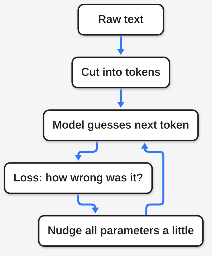 The LLM training loop: raw text is cut into tokens, the model guesses the next token, loss measures how wrong it was, and every parameter is nudged a little