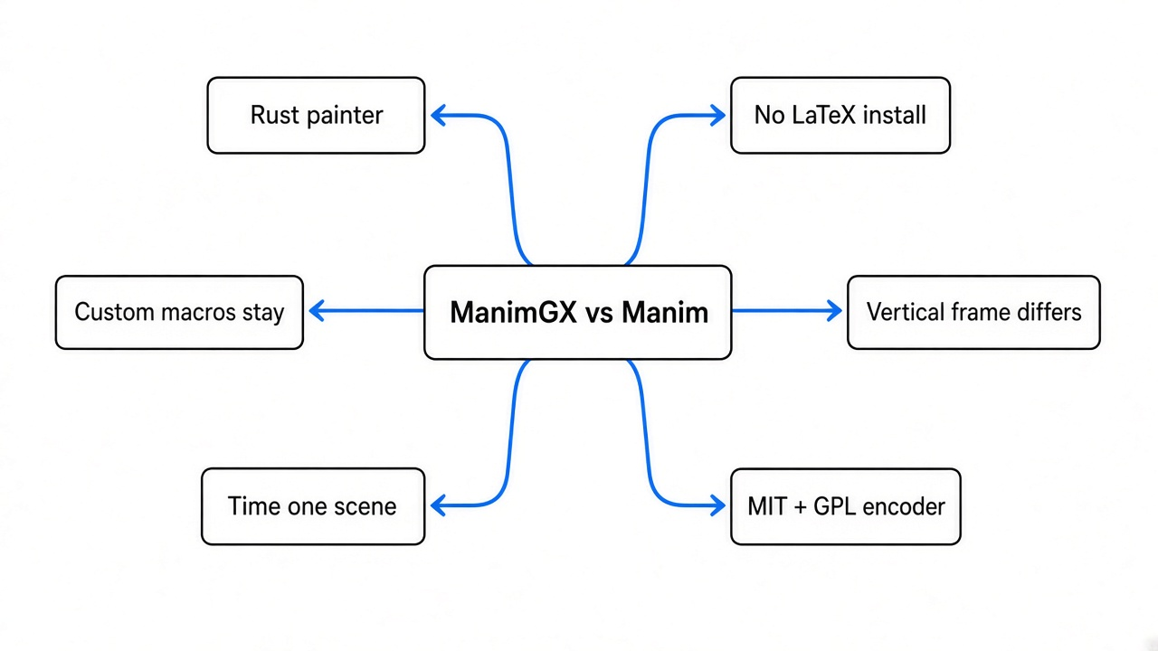 Simple mindmap of ManimGX vs Manim: Rust painter, no LaTeX install, custom macros stay, vertical frame differs, time one scene, MIT plus GPL encoder