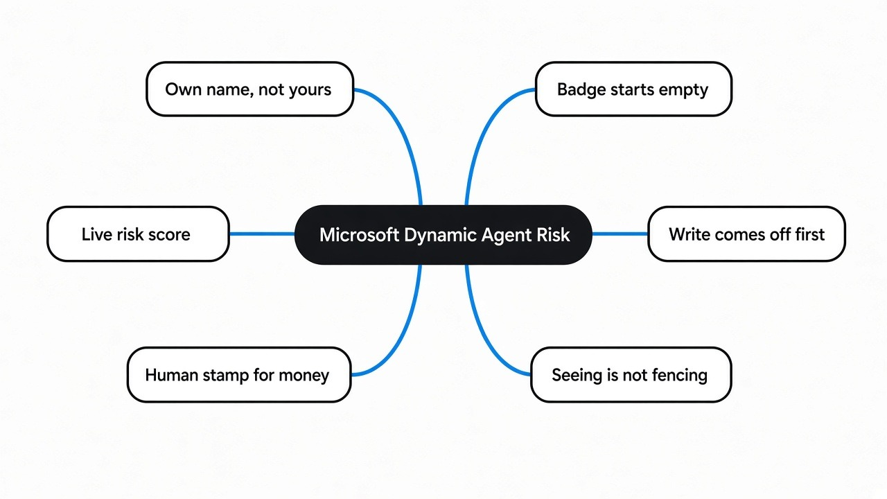Simple mind map of Microsoft Dynamic Agent Risk: its own name, a badge that starts empty, a live risk score, write comes off first, a human stamp, and seeing is not fencing