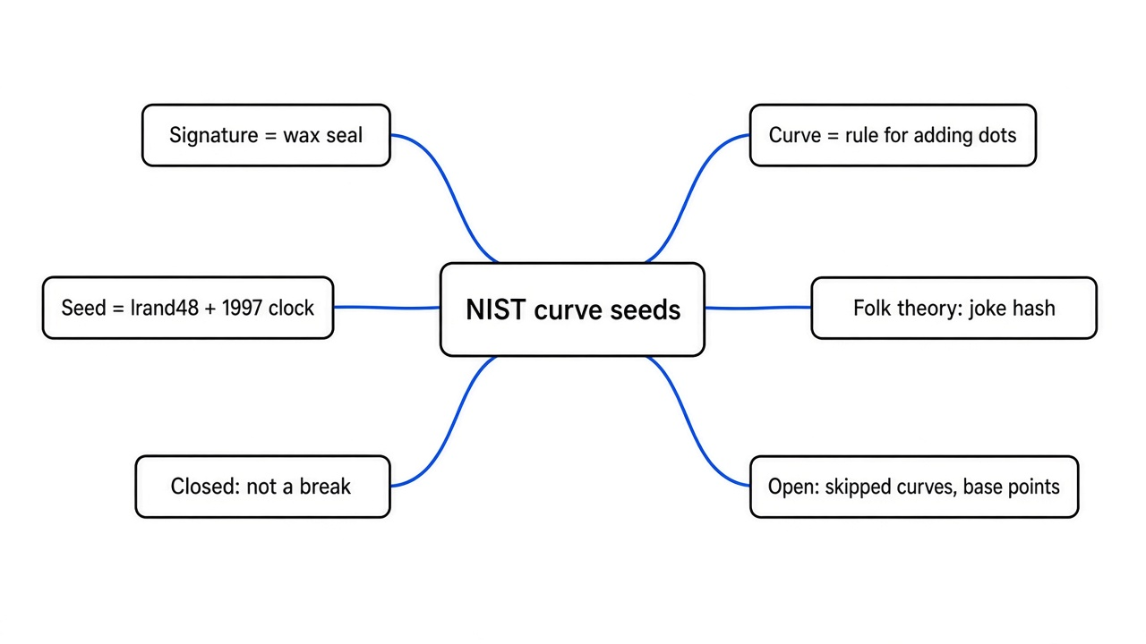 Simple mind map of the NIST elliptic curve seeds story: signatures, curves, the lrand48 seed, the folk theory, what is closed, what is still open