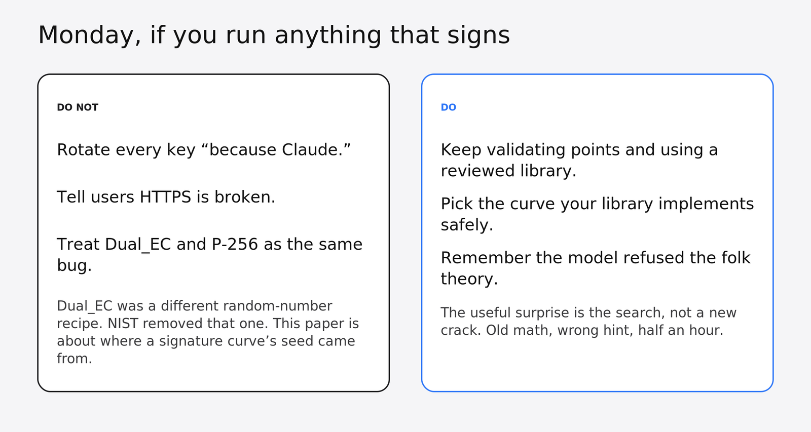 What to do on Monday about the NIST elliptic curve seeds: do not rotate keys, keep validating points in a reviewed library