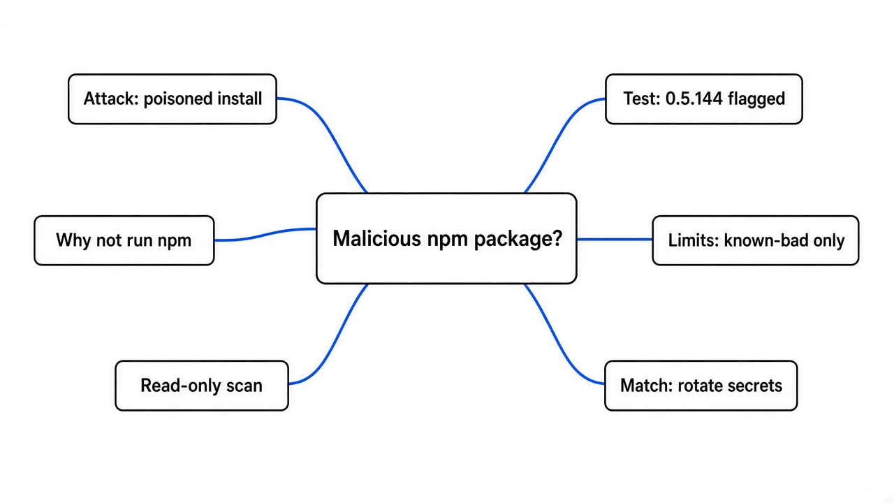 Simple mind map of checking for a malicious npm package: the attack, why not to run npm, the read-only scan, the test, the limits, what to do on a match