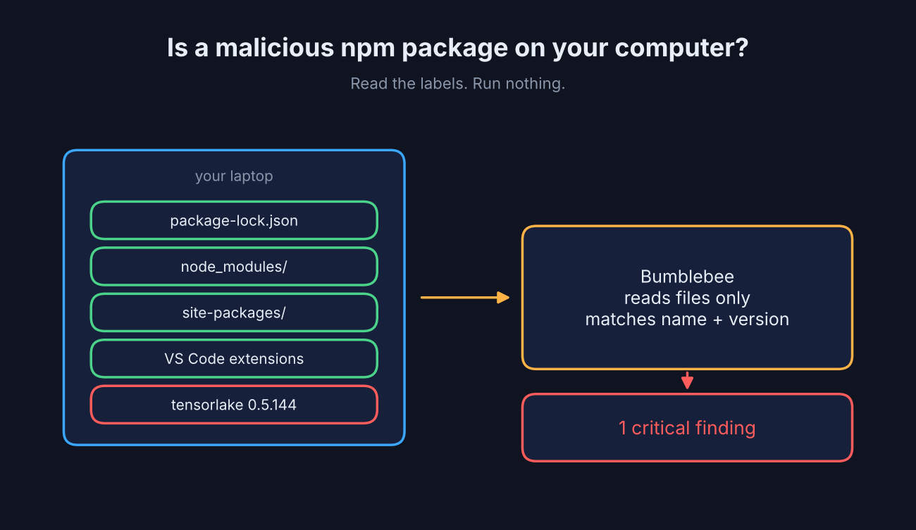 Laptop files checked by a read-only scanner, one bad package version flagged