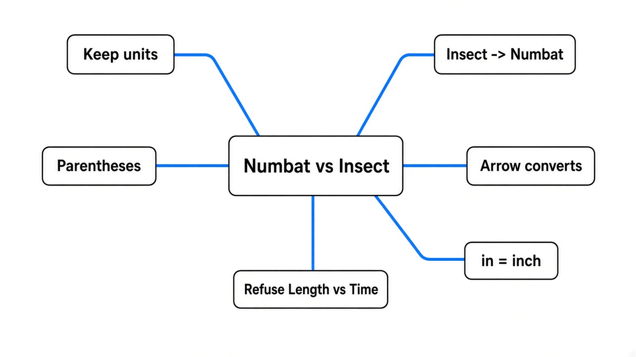 Simple mindmap of Numbat vs Insect: keep units, arrow converts, in means inch, refuse Length vs Time, parentheses, offline free