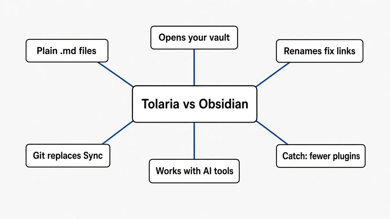 Mind map of Tolaria as an open source Obsidian alternative: plain Markdown files, opens your vault, renames rewrite links, Git sync, AI tools, fewer plugins