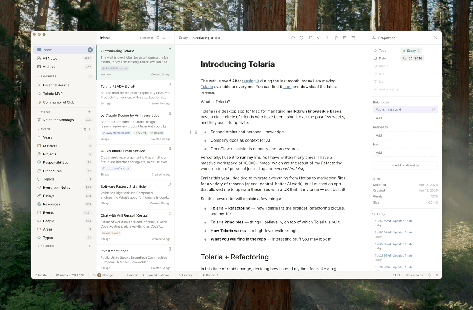 Tolaria's main window, with the note list on the left and the editor on the right