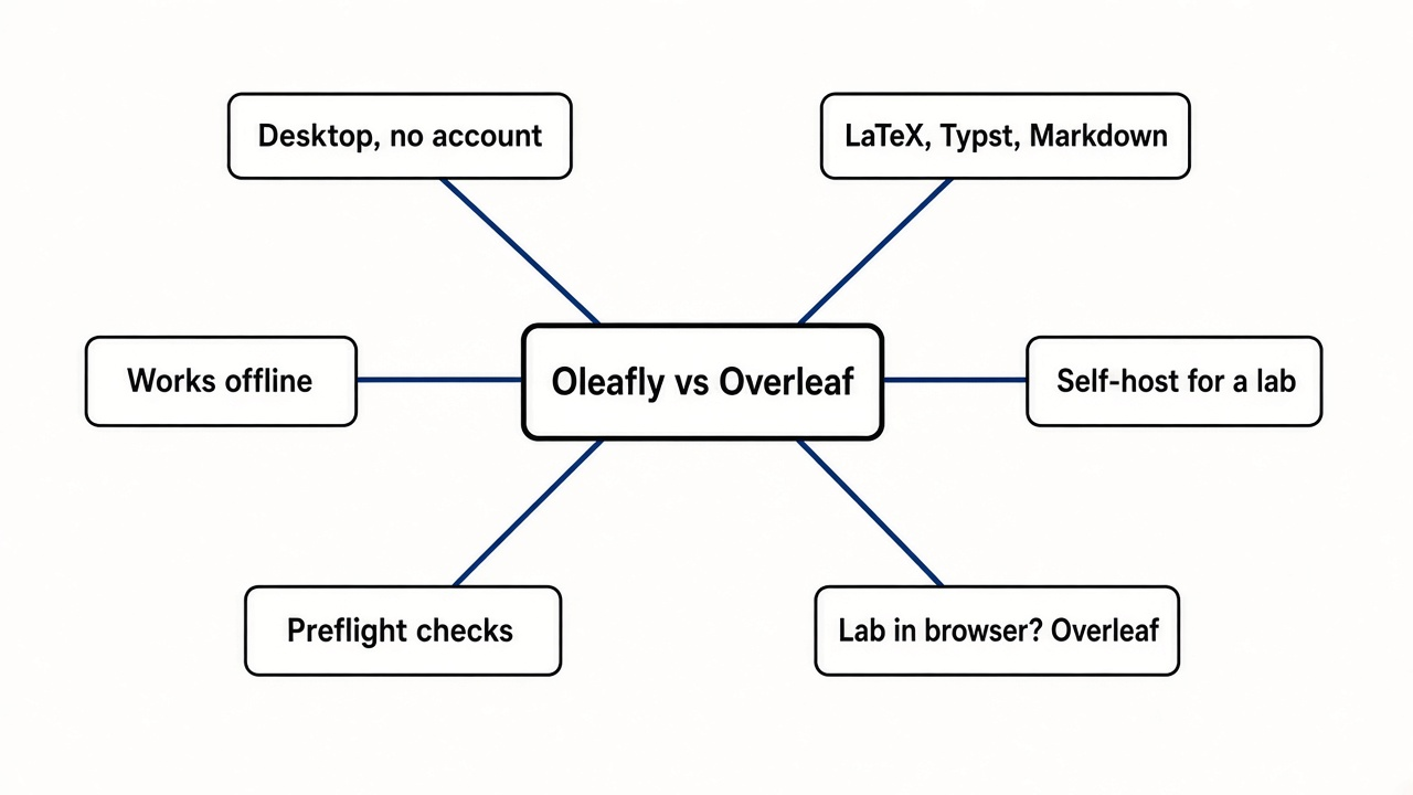 Mind map of Oleafly vs Overleaf: desktop app, LaTeX Typst Markdown, no account, works offline, self-host for a lab, preflight checks