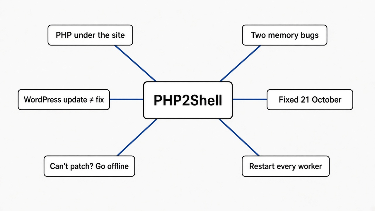 Mind map of PHP2Shell: PHP runs under the website, two memory bugs, fixed in 8.5.12 8.4.27 8.3.36 8.2.35, restart workers, WordPress update is not the fix, offline if unpatched