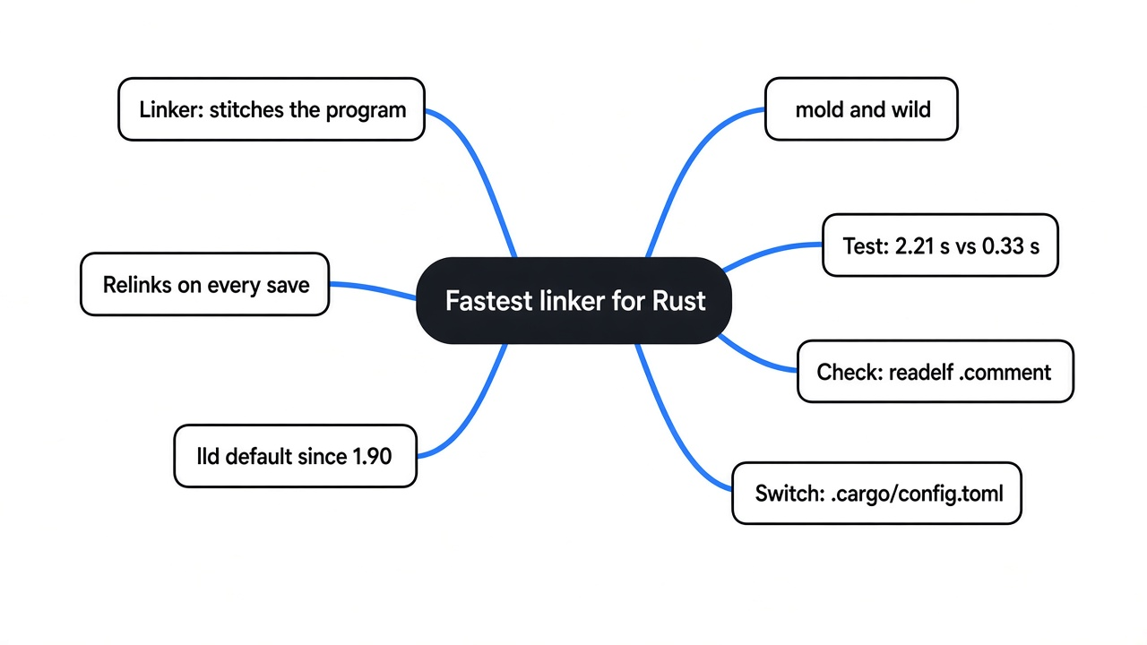Mind map of the fastest linker for Rust: what a linker does, why linking slows rebuilds, lld by default since Rust 1.90, mold and wild, the 4-linker test, how to check and switch