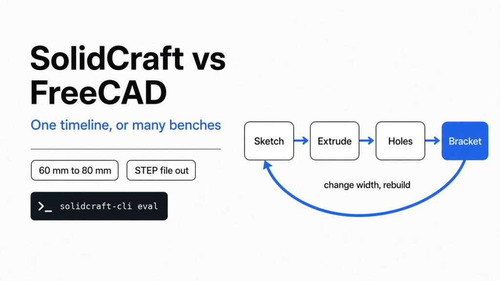 SolidCraft vs FreeCAD: one parametric timeline rebuilds a bracket when the width changes from 60 mm to 80 mm