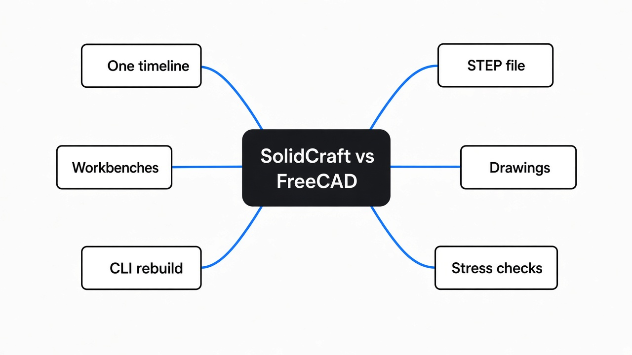 Simple mind map of SolidCraft vs FreeCAD: timeline, workbenches, CLI, STEP file, drawings, stress checks