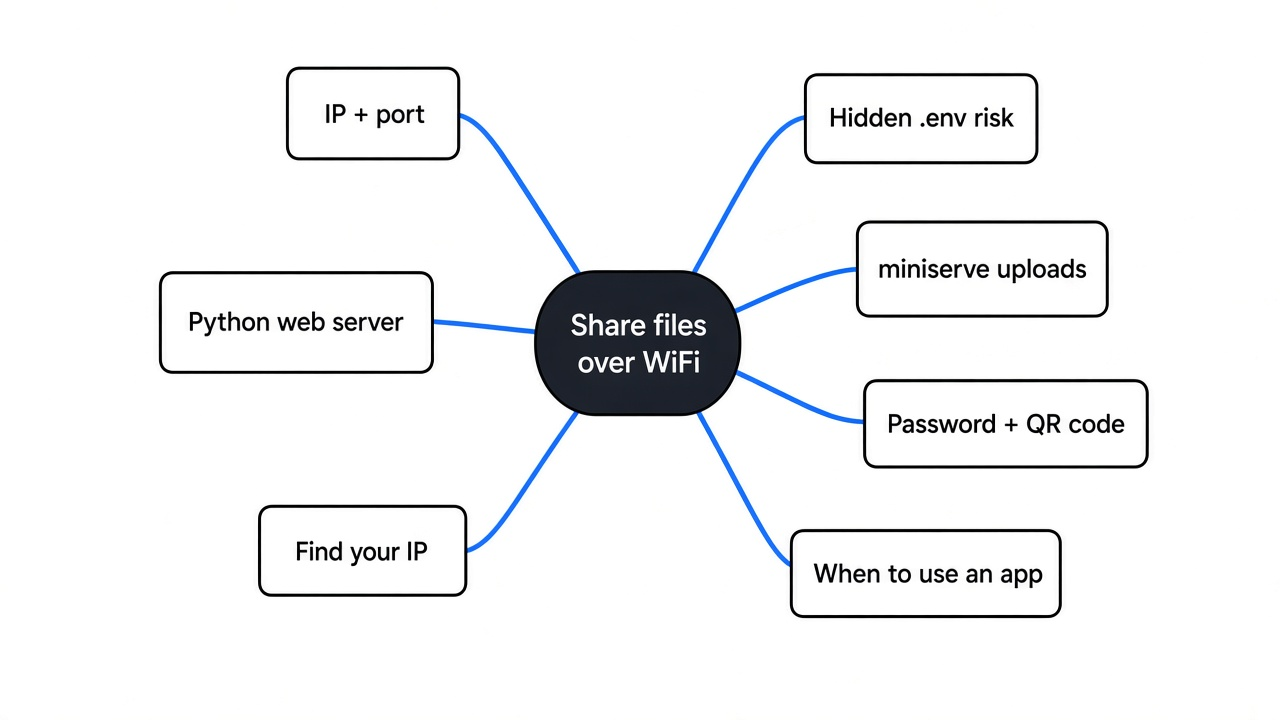 Mind map of sharing files over WiFi without an app: IP and port, python3 -m http.server, find your IP, hidden .env risk, miniserve extras, when to use something else