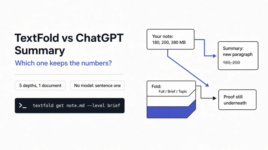 TextFold vs ChatGPT summary: a chat summary writes a new paragraph, TextFold folds the same document into five depths
