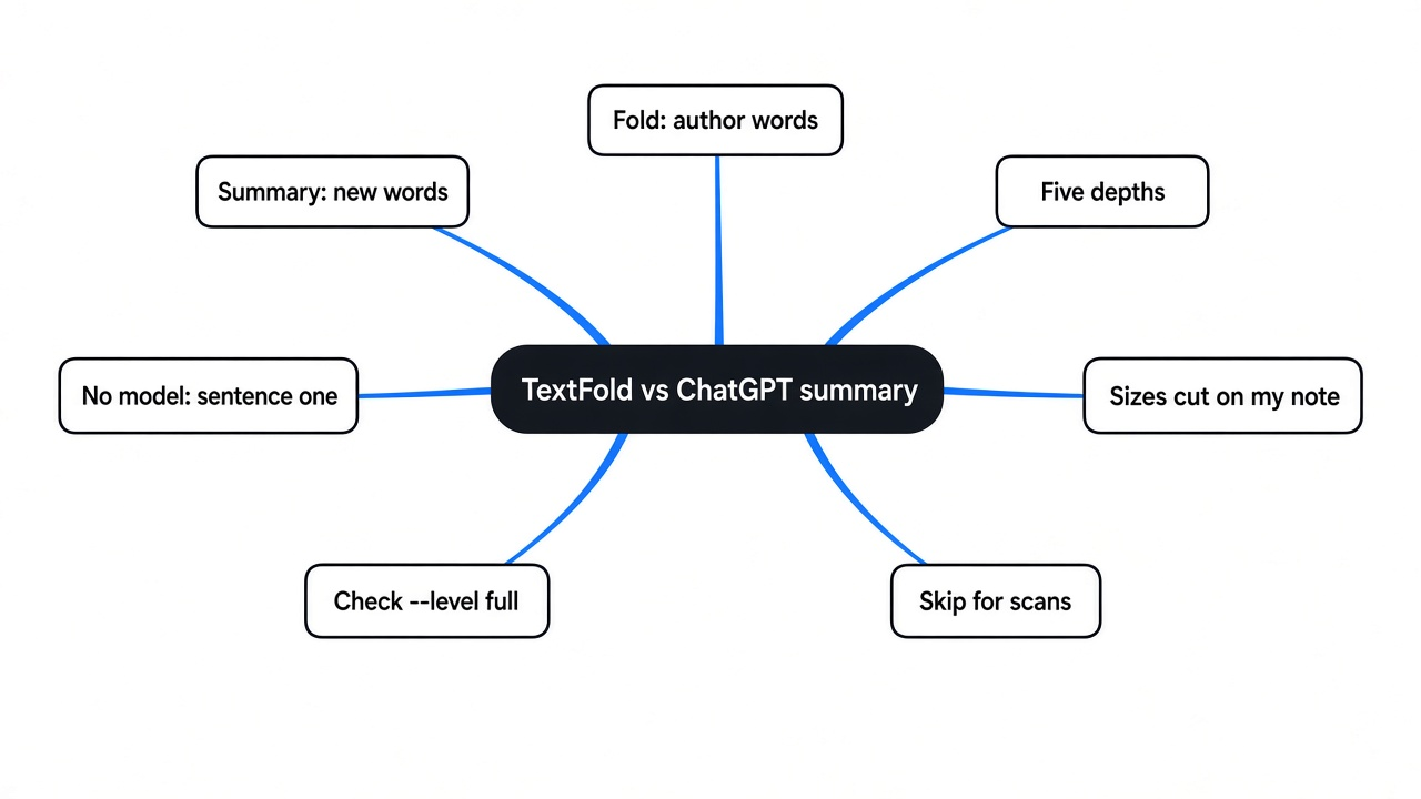 Mind map of TextFold vs ChatGPT summary: a summary rewrites, a fold keeps the author's words, five depths, no-model brief keeps sentence one, install, when not to use it