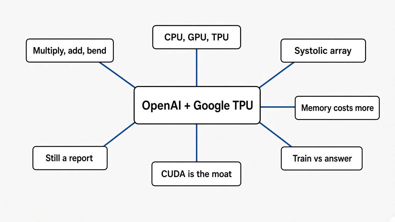 Mind map of the OpenAI Google TPU report: multiply add bend, CPU GPU and TPU, systolic array, memory costs more, train vs answer, CUDA is the moat, still a report