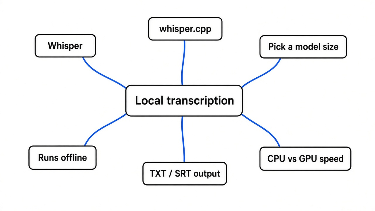Simple mindmap of local transcription: whisper.cpp, one model file, base.en, txt and srt outputs, offline, free, no upload