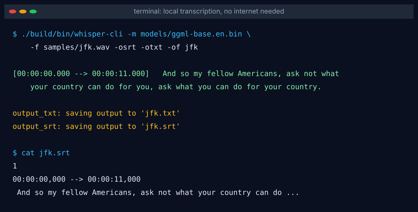 Real terminal output: whisper.cpp turning a sample clip into text and an SRT subtitle file