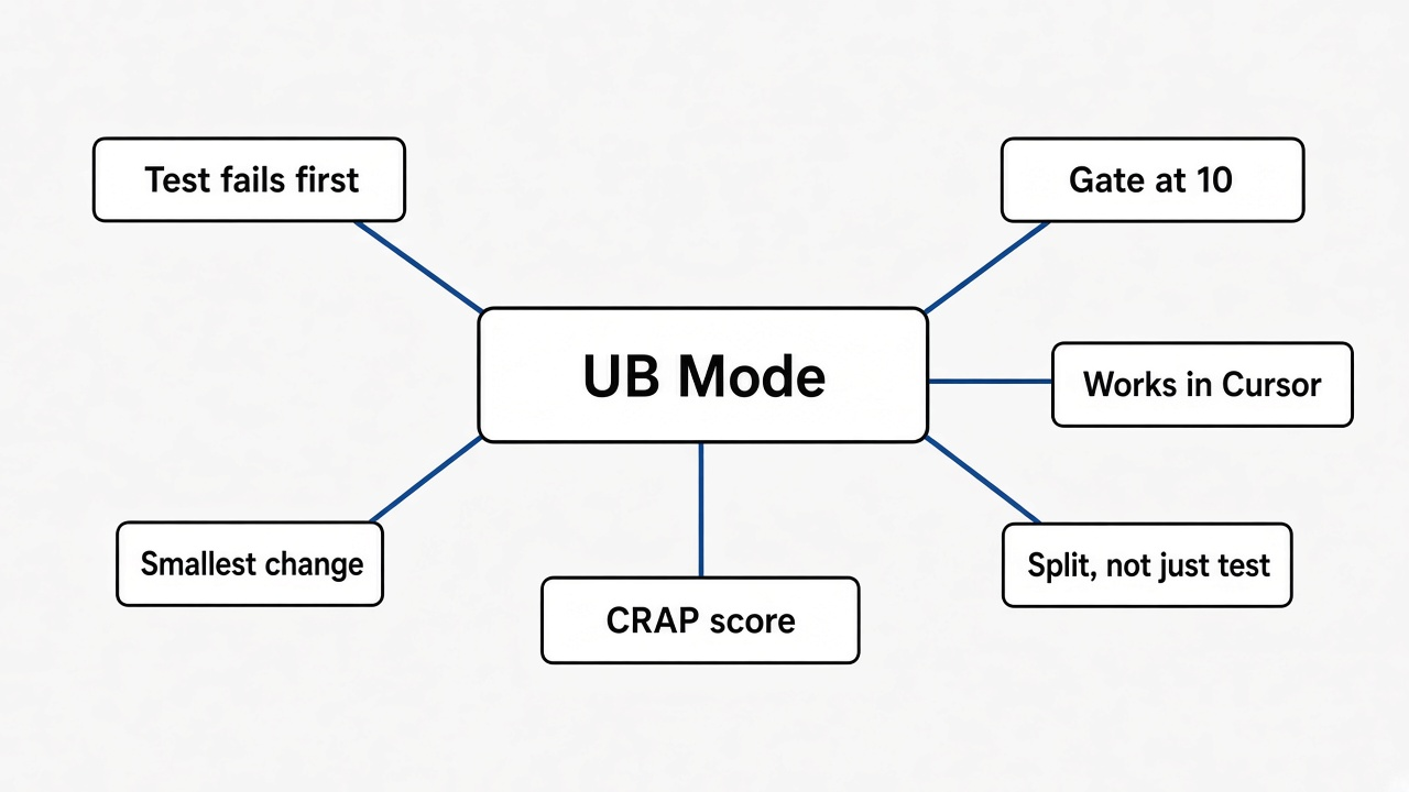 Mind map of UB mode in Claude Code: test fails first, smallest change, CRAP score, split do not just test, gate at 10, skip tiny scripts, works in Cursor
