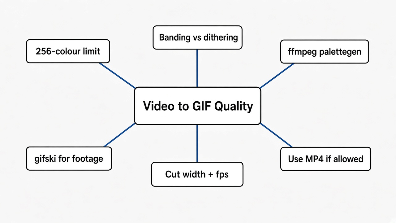 Mind map of converting video to GIF without losing quality: 256 colour limit, banding vs dithering, ffmpeg palettegen, gifski for footage, cut width and fps, use MP4 if allowed