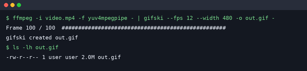 The one-line ffmpeg plus gifski command, run on the test clip