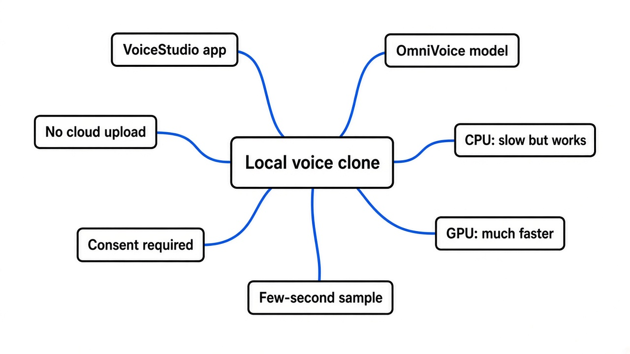 Simple mindmap of local voice cloning: VoiceStudio, OmniVoice, no cloud upload, CPU slow but works, GPU faster, few-second sample, consent required