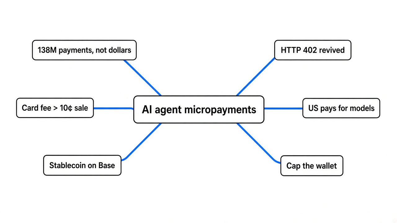 Simple mind map of AI agent micropayments: 138 million payments not dollars, card fees, HTTP 402, stablecoin on Base, US model calls, cap the wallet