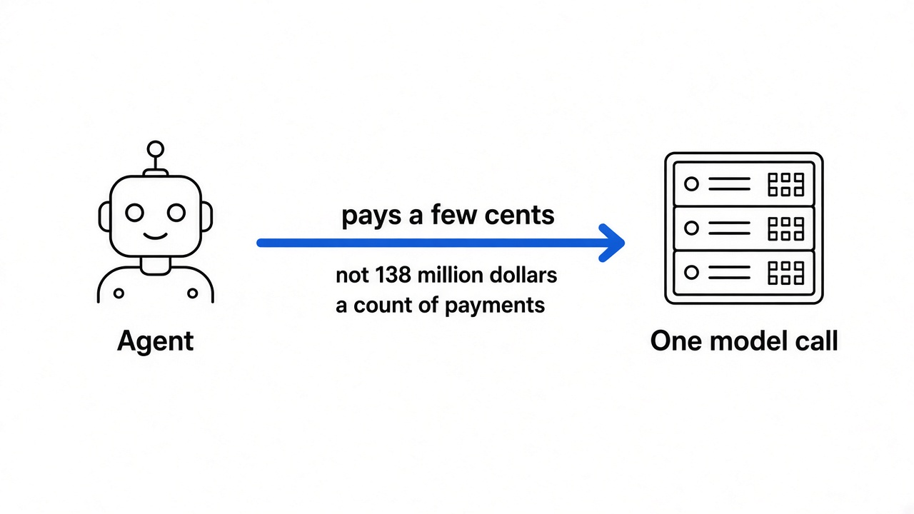 AI agent micropayments: an agent pays a few cents for one model call, a count of payments rather than 138 million dollars