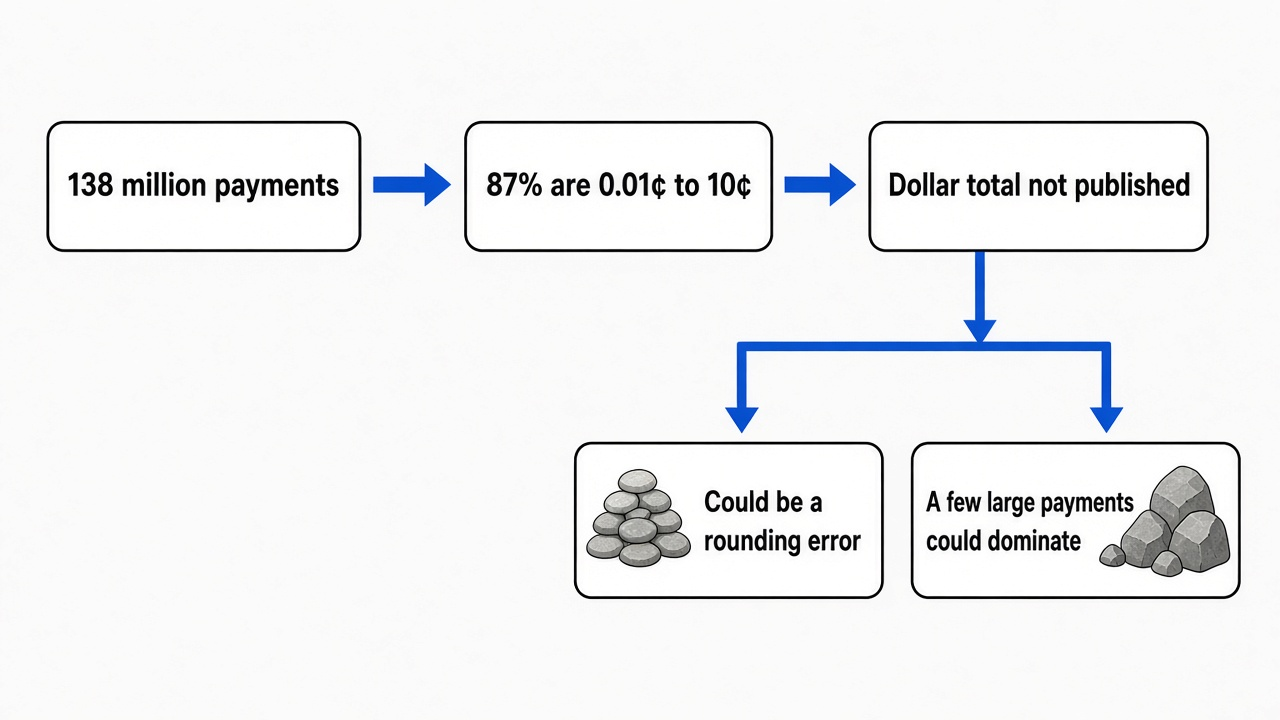 138 million x402 payments, 87 percent under ten cents, and no published dollar total: a rounding error or a few large payments