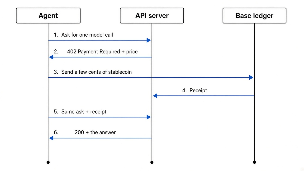 How x402 works: ask, get 402 Payment Required and a price, pay stablecoin on Base, retry with the receipt, get 200 and the answer