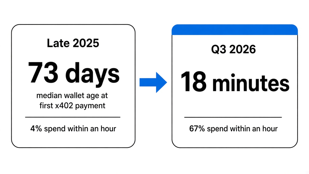 Median x402 wallet age at first payment fell from 73 days in late 2025 to 18 minutes in Q3 2026