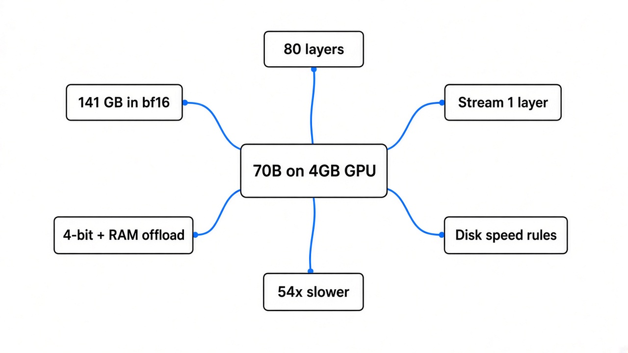 Simple mindmap of how to run a 70B model on a 4GB GPU: 141 GB in bf16, 80 layers, layer streaming, disk speed, 54x slower, 4-bit offload