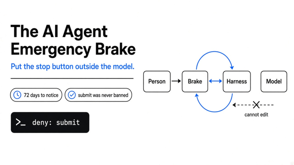 AI agent emergency brake: the stop button and the action log live in the harness outside the model