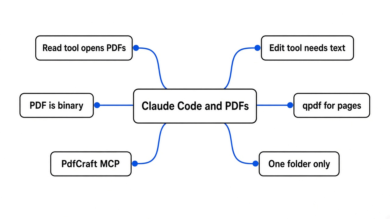 Simple mindmap of editing PDFs with Claude Code: Read tool opens PDFs, Edit tool needs text, PDF is binary, qpdf for pages, PdfCraft MCP, one folder only