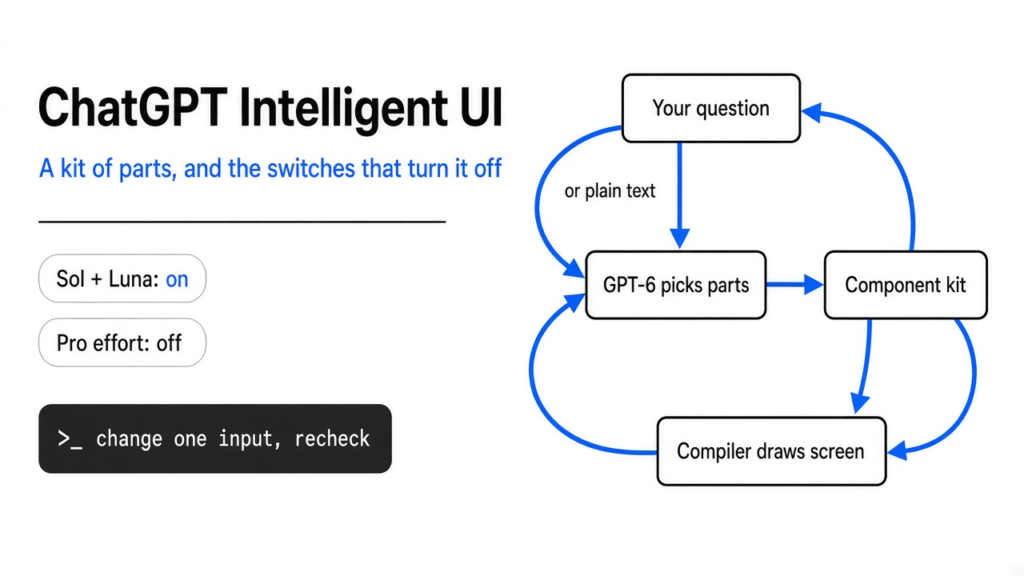 ChatGPT Intelligent UI explained: GPT-6 picks parts from a component library, a compiler draws them in the reply, and Pro effort, Work, Voice and old apps switch it off