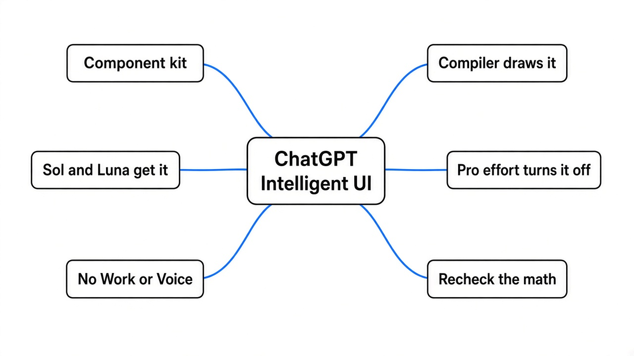 Simple mindmap of ChatGPT Intelligent UI: component kit, compiler draws it, Sol and Luna get it, Pro effort turns it off, no Work or Voice, recheck the math