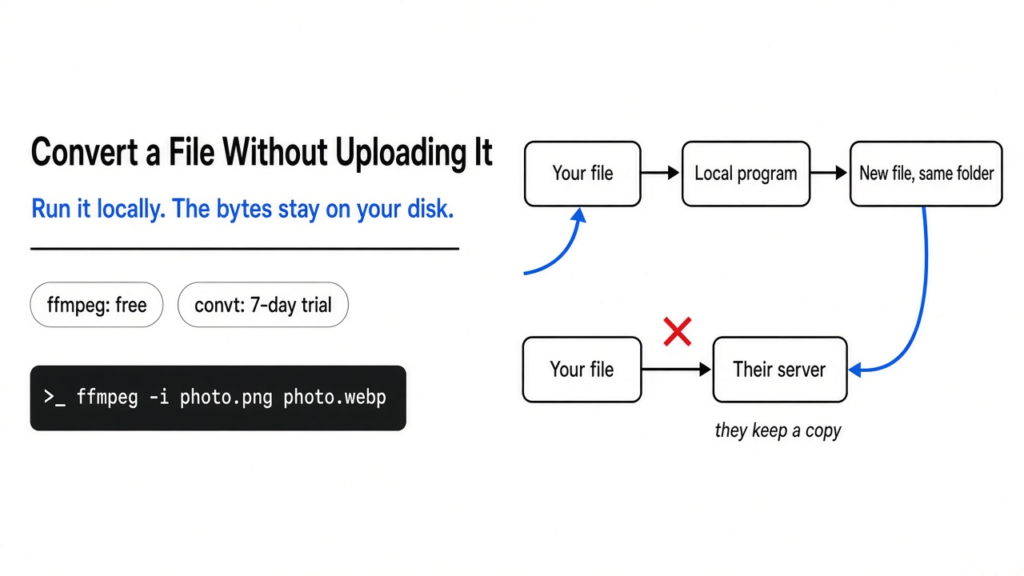How to convert a file without uploading it: ffmpeg or convt converts on your own computer, so the new file lands in the same folder and nothing goes to a server