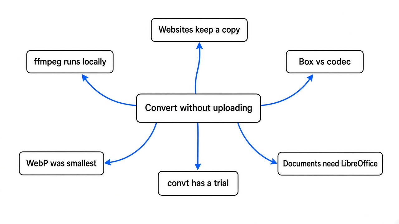 Simple mindmap of converting a file without uploading: websites take a copy, ffmpeg runs locally, box vs codec, WebP was smallest, convt has a trial, documents need LibreOffice